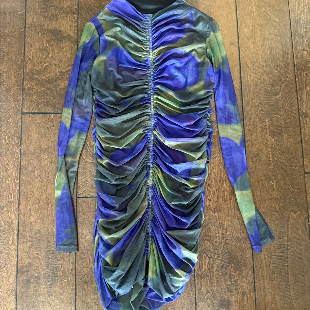 Ruched Long Sleeve Dress in Purple and Green